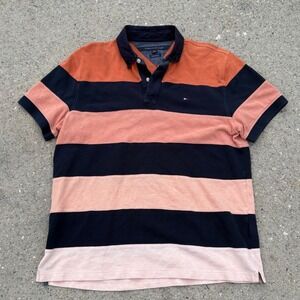 Y2K Faded Tommy Hilfiger Striped Polo Shirt Navy Orange Peach Large